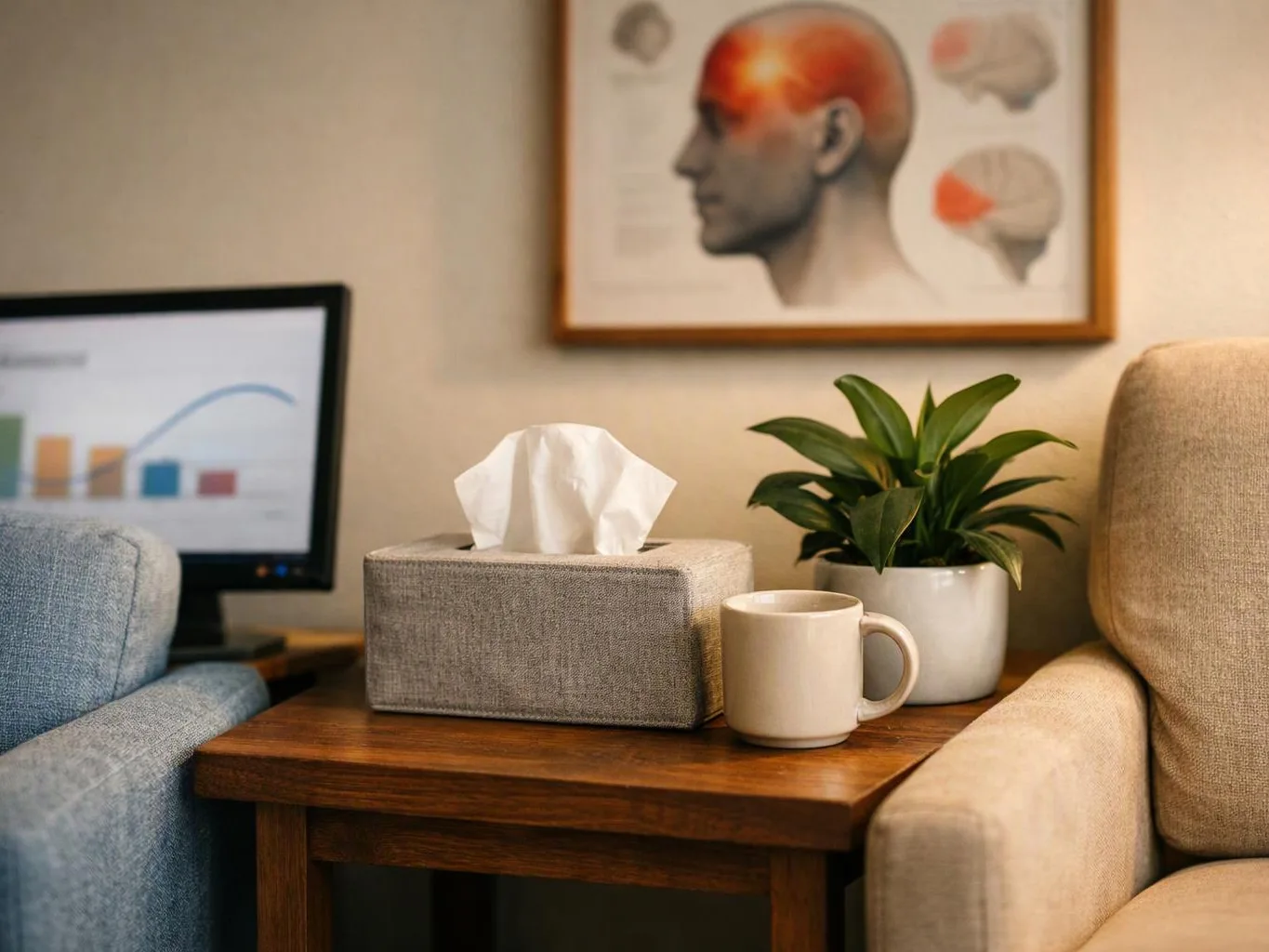 A tissue box, mug, and potted plant sit on a wooden table between two chairs