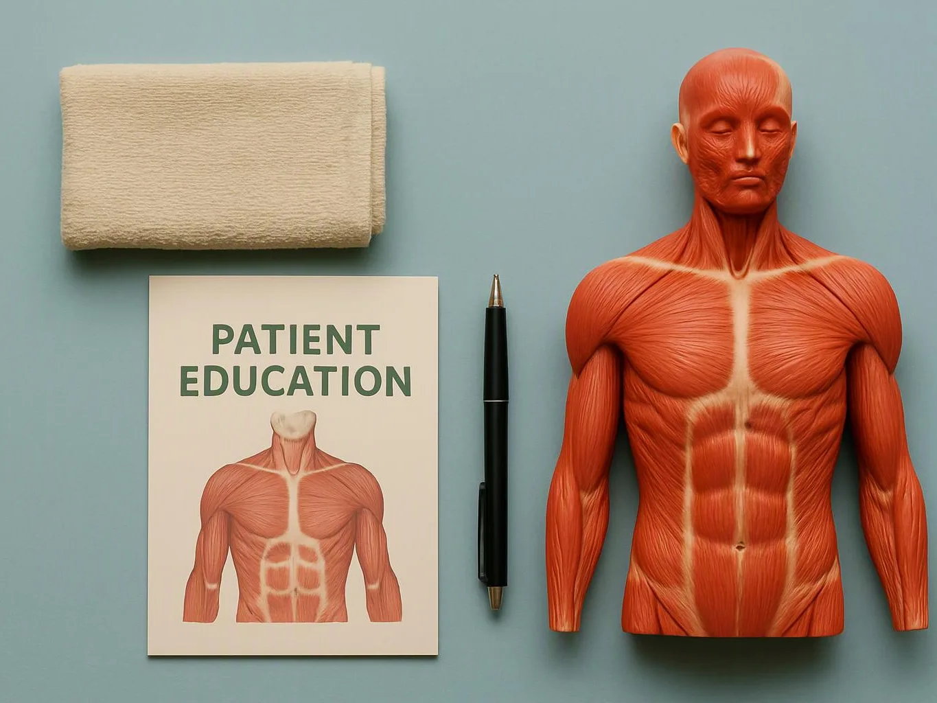 A towel, patient education booklet, pen, and muscle anatomy model sit on a blue surface