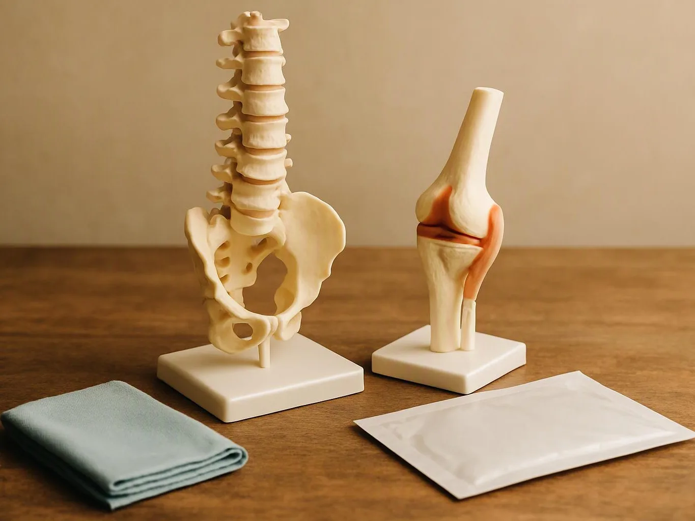 Two anatomical models of a spine and knee sit on a wooden table beside folded cloth and a white packet