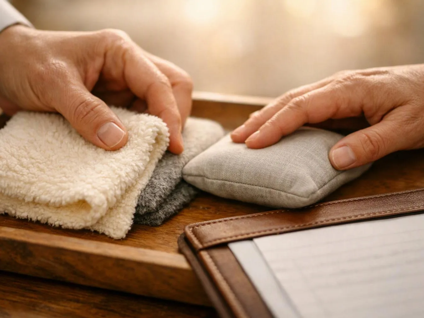 Two hands compare soft fabric swatches on a wooden tray beside a leather notebook cover