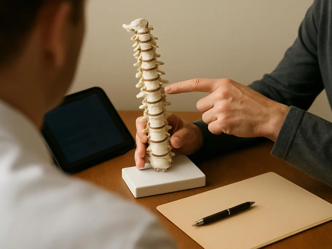 Two people examine a spine model on a desk beside a tablet, notepad, and pen