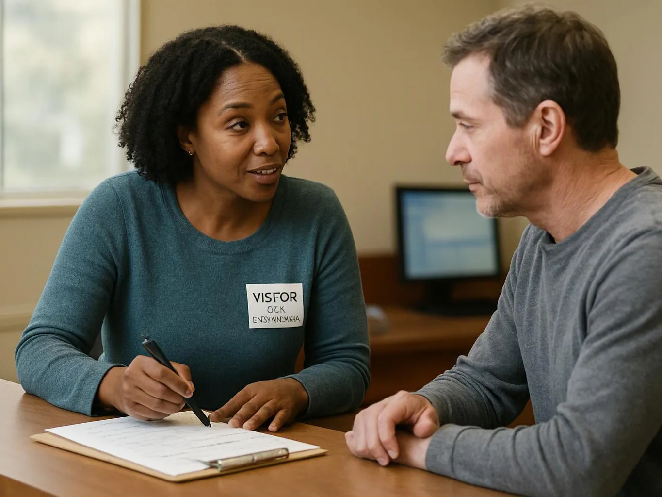 Two people sit at a table, one writing on a form while speaking to the other in a plain office room
