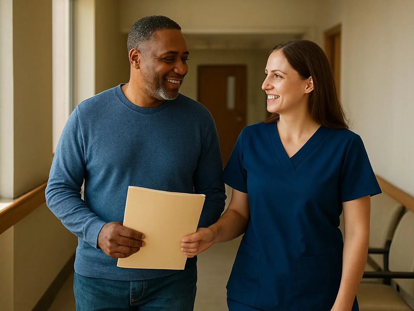 Two smiling adults walk down a hallway, holding a folder and talking together