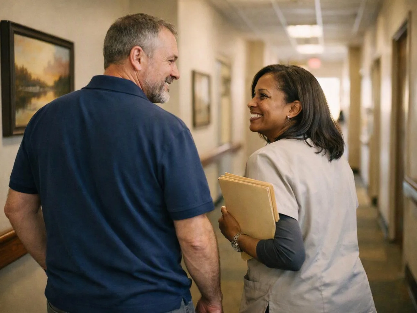 Two smiling coworkers walk down a hallway, one carrying folders and looking back at the other