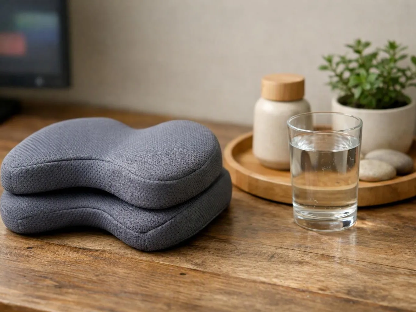 Two stacked gray neck pillows sit beside a glass of water and a small plant on a wooden table