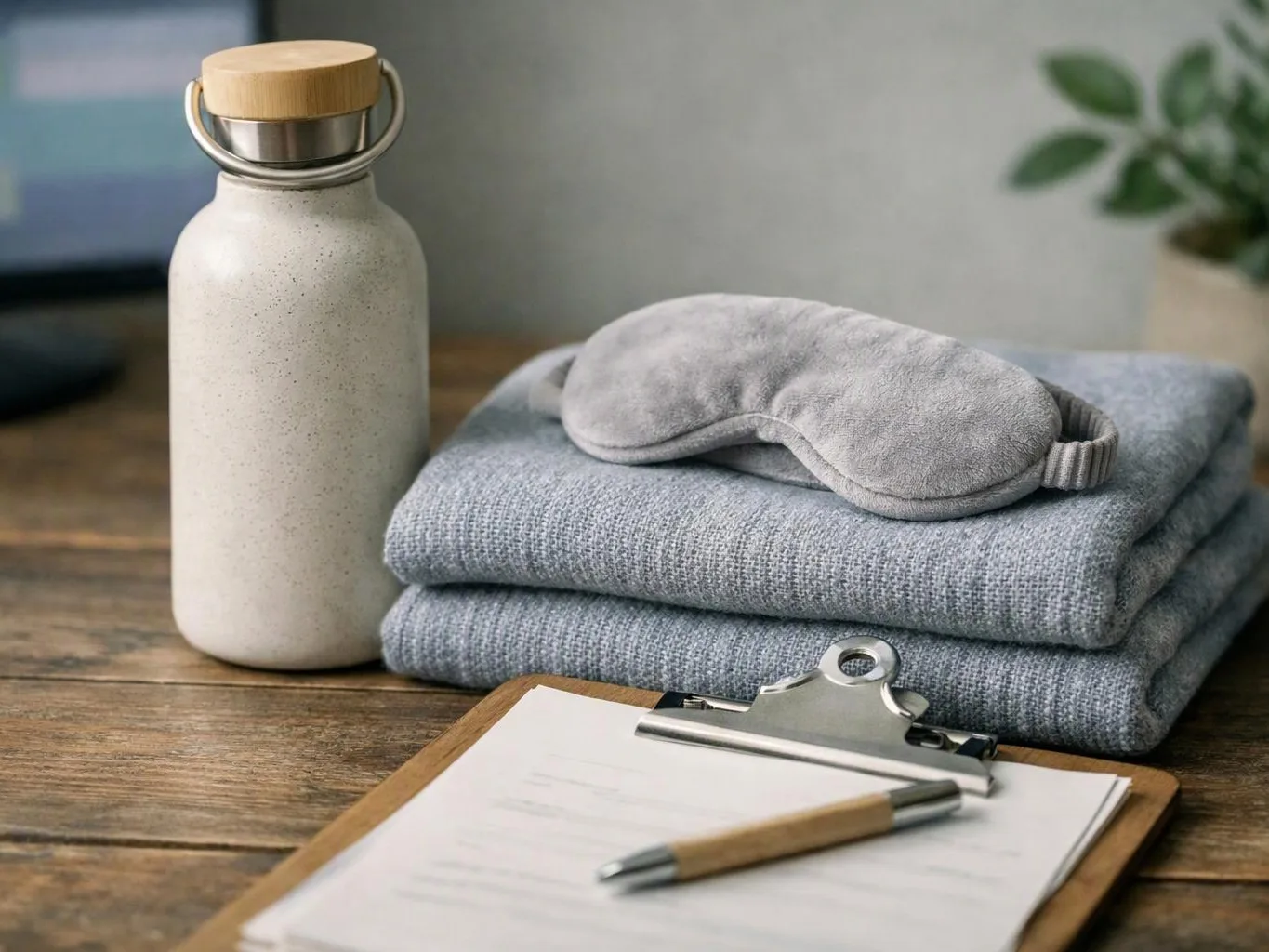 A water bottle, folded towels, a sleep mask, and a clipboard with a pen sit on a wooden table