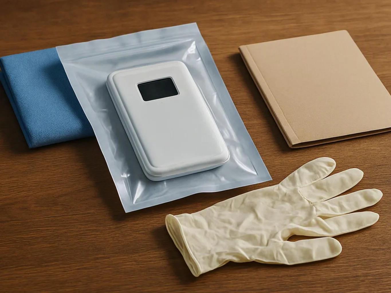 A white handheld device in a plastic pouch rests on a wooden table beside gloves, a cloth, and a notebook