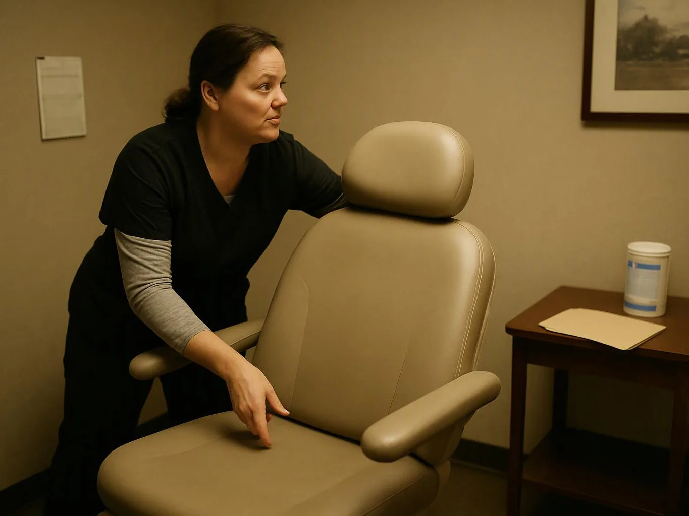 A woman in black scrubs adjusts a beige exam chair in a small medical room