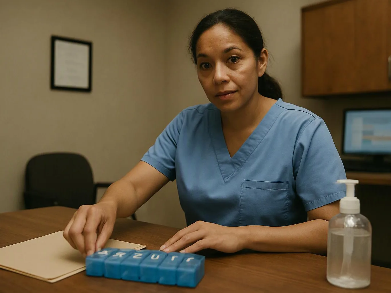 A woman in blue scrubs arranges a pill organizer at a desk with a notebook and hand sanitizer nearby
