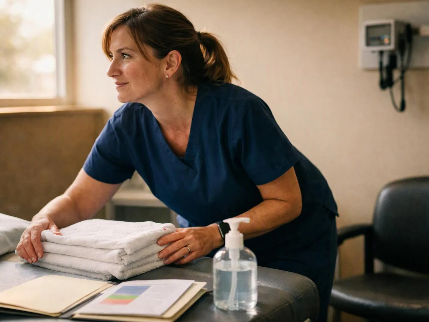 A woman in blue scrubs folds towels on a treatment table in a clinic room