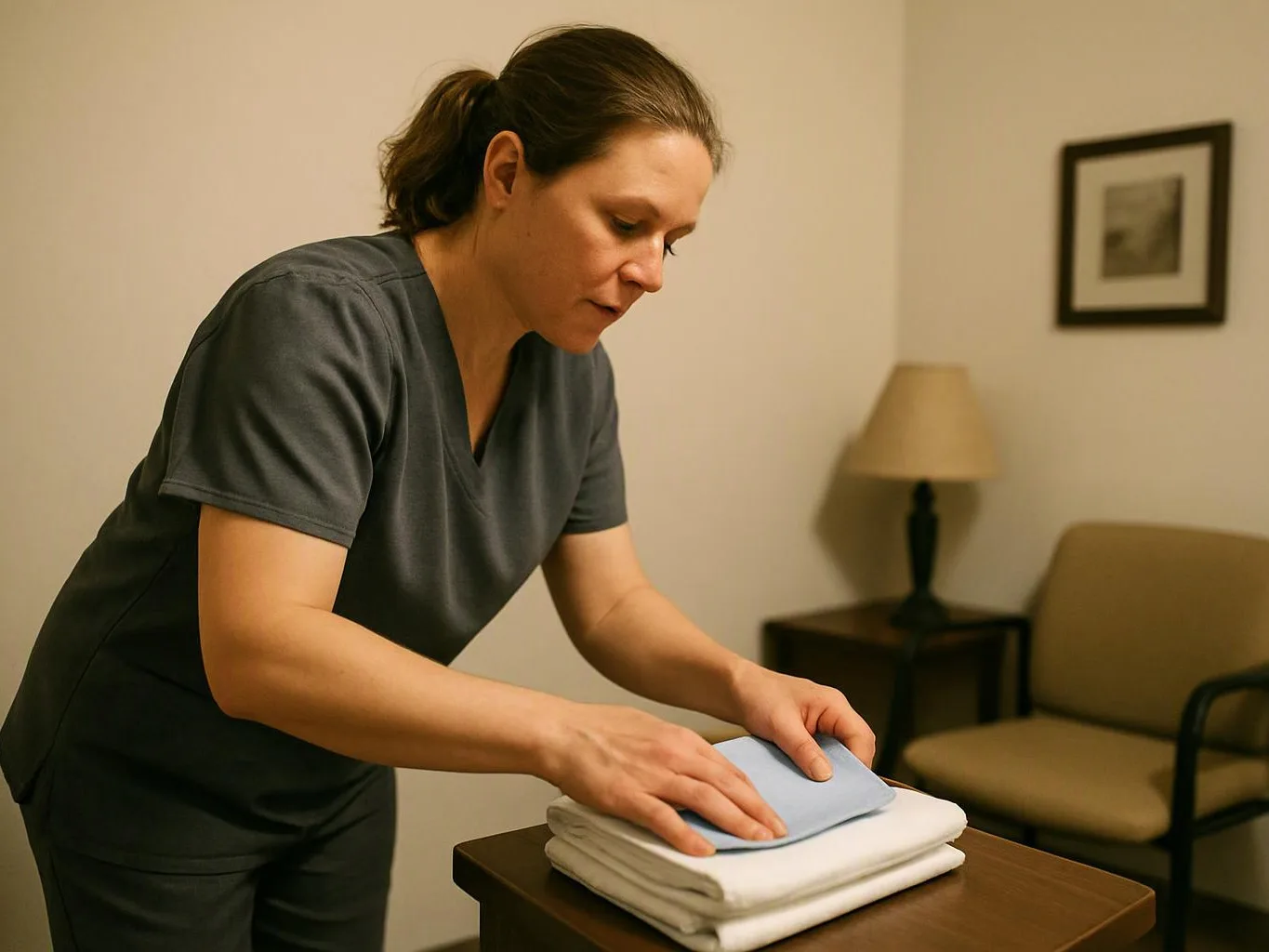 A woman in gray scrubs folds white towels on a table in a quiet room