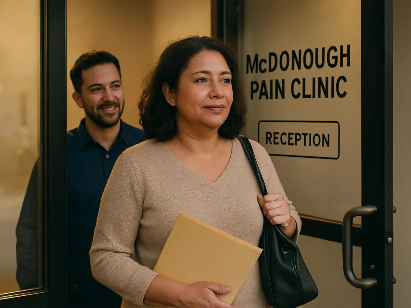 A woman holds a folder and bag while a smiling man stands behind her at a clinic reception door