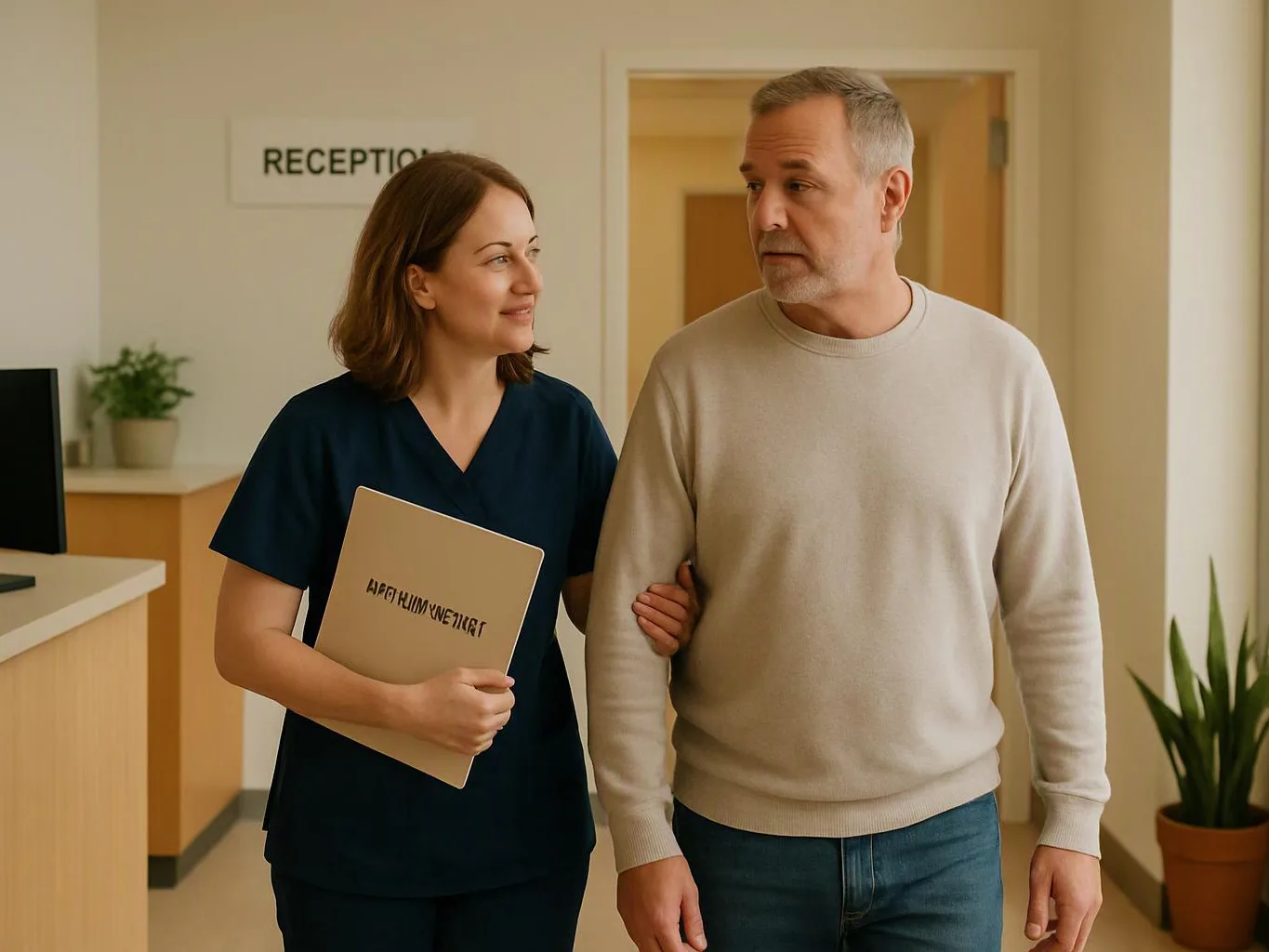 A woman in navy scrubs guides a man through a reception area while holding a folder