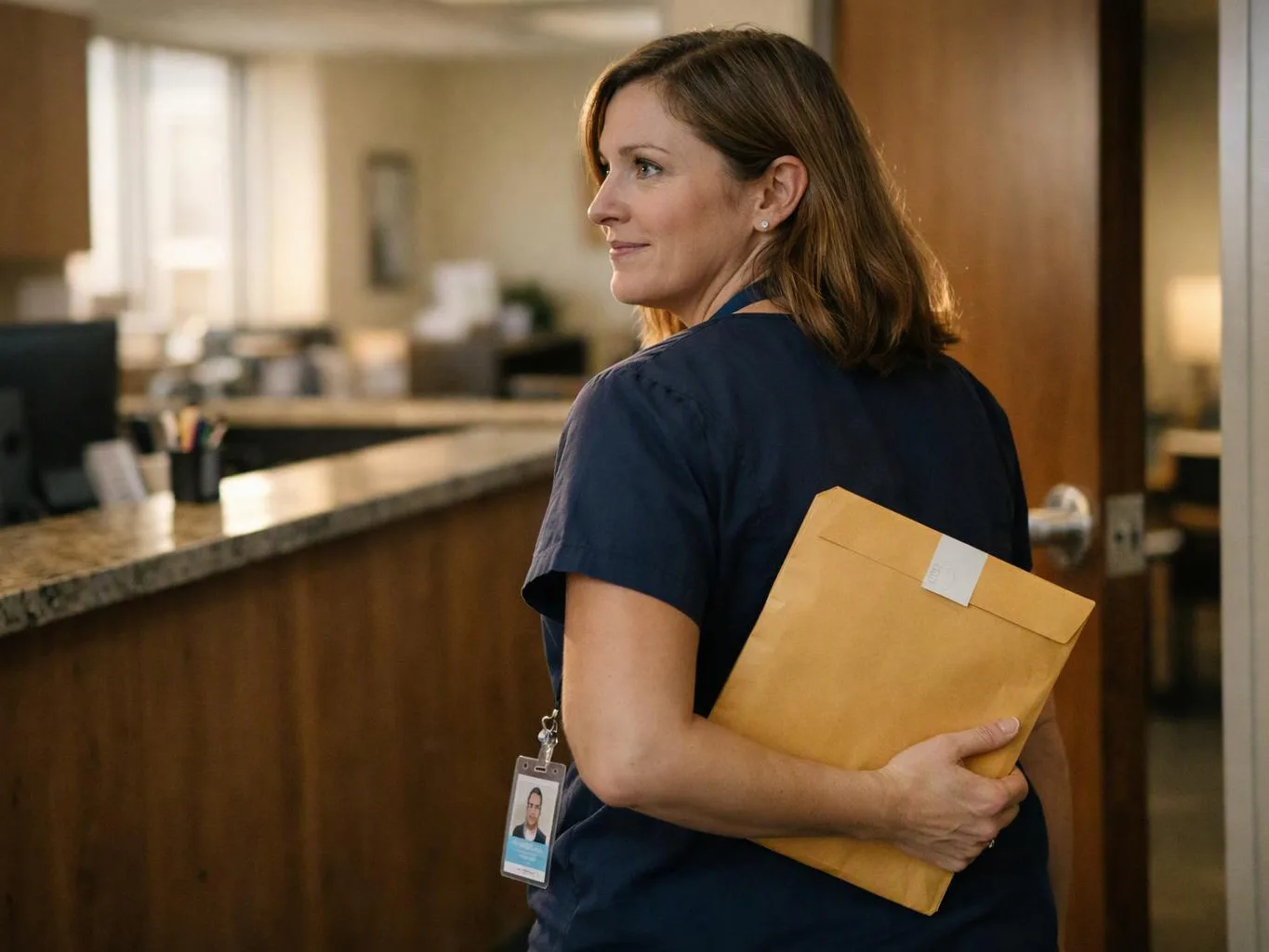 A woman in scrubs holds a manila envelope and stands in a hospital hallway, glancing back over her shoulder