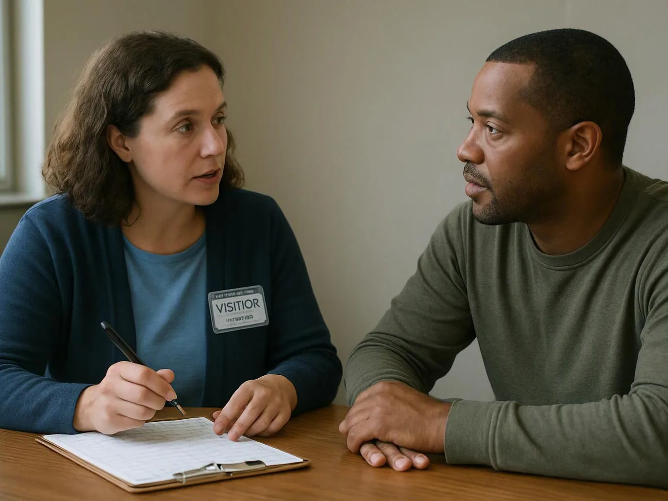 A woman with a visitor badge writes on a clipboard while speaking to a man across a table